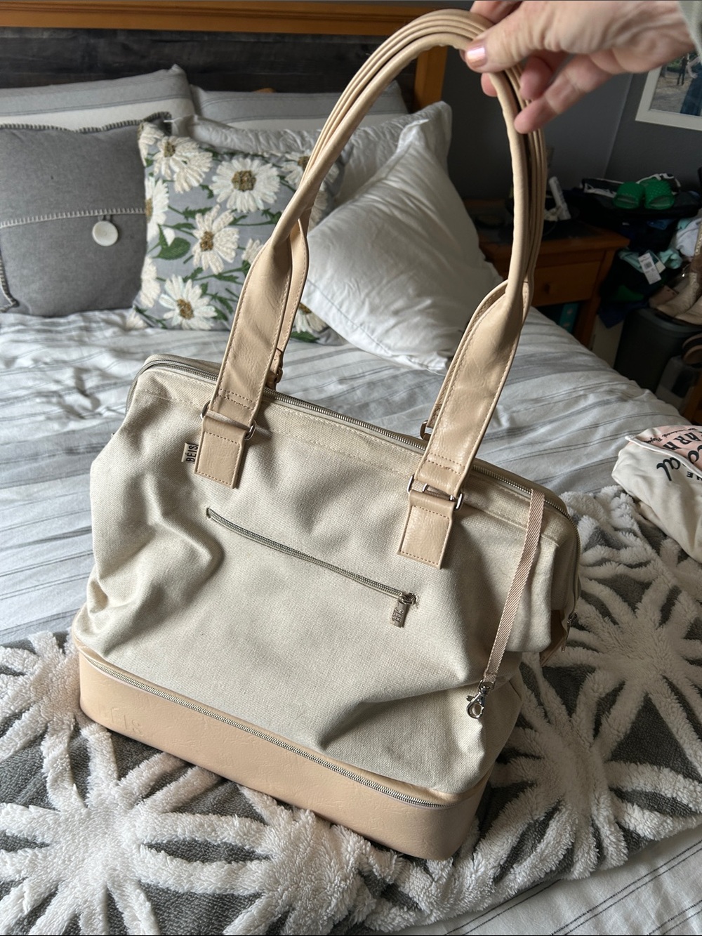 BEIS Cream and Tan Travel Duffle Bag